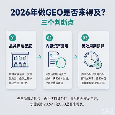 2026年入场GEO的三个判断点与品类供给密度测试流程示意图