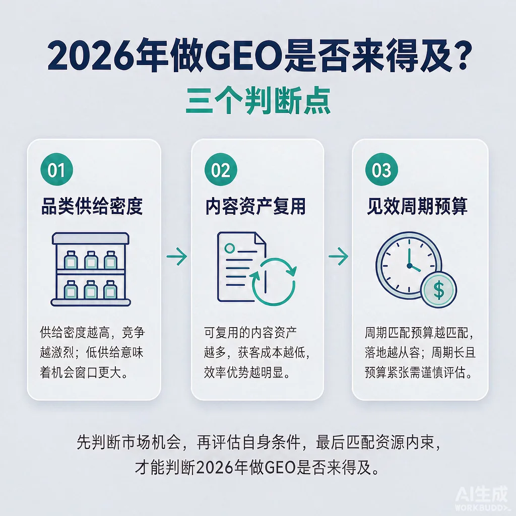2026年入场GEO的三个判断点与品类供给密度测试流程示意图