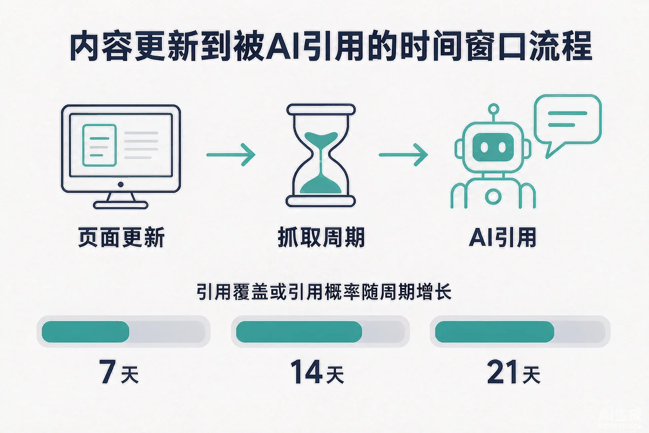 内容时效处理示意图：从更新到被AI引用的窗口期流程