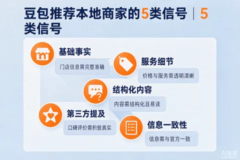 豆包推荐本地商家的5类信号信息图：基础事实、服务细节、结构化内容、第三方提及、信息一致性，每类附自查要点