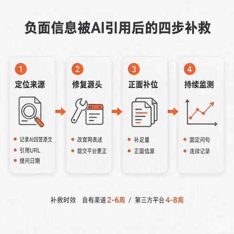 负面信息被AI引用后的四步补救流程图：定位来源、修复源头、正面补位、持续监测