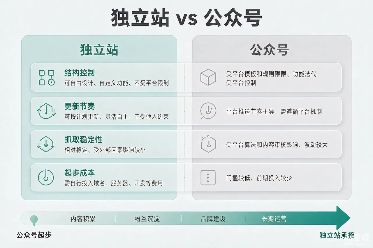 公众号与独立站四维能力对比及"起步—承接"组合路径示意图