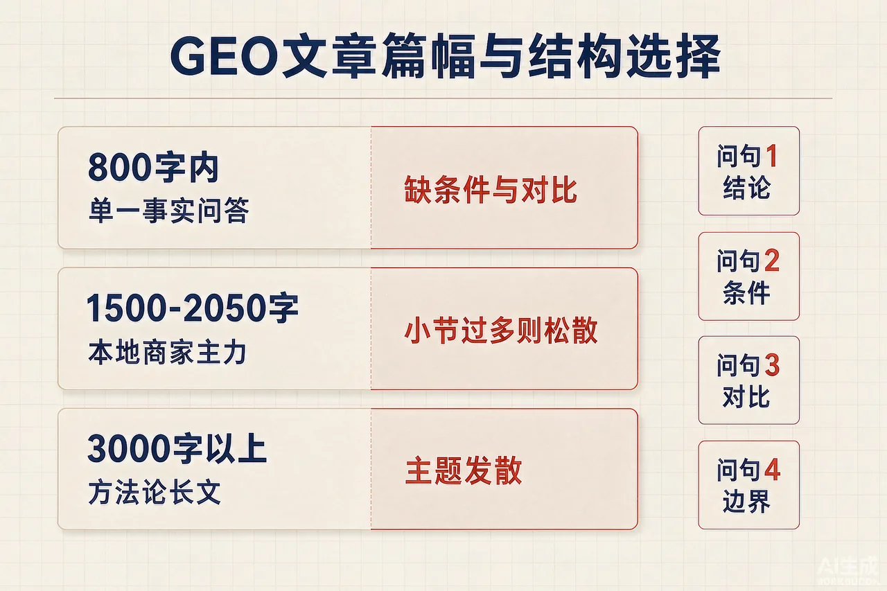 GEO文章篇幅与结构选择对照图：800字、1500-2500字、3000字以上三种篇幅的适用场景与主要风险