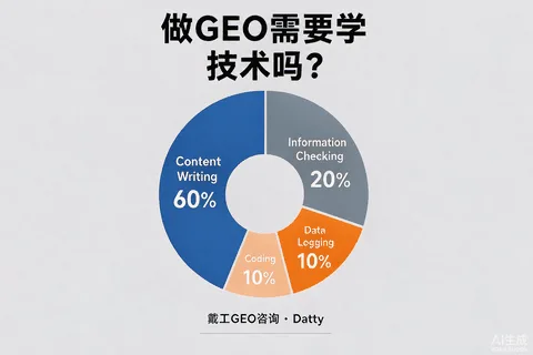 GEO工作构成示意图：内容写作占大头，信息核对与数据记录次之，代码仅占很小一角
