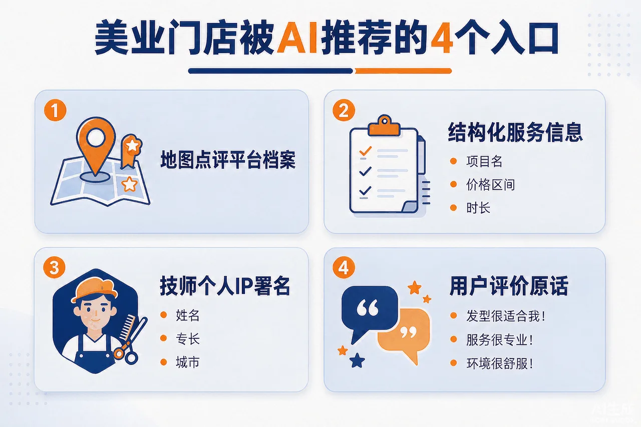 美业门店被AI搜索推荐的4个入口信息图：地图点评平台档案、结构化服务信息（项目名/价格区间/时长）、技师个人IP署名、用户评价原话，每个入口配对应动作说明