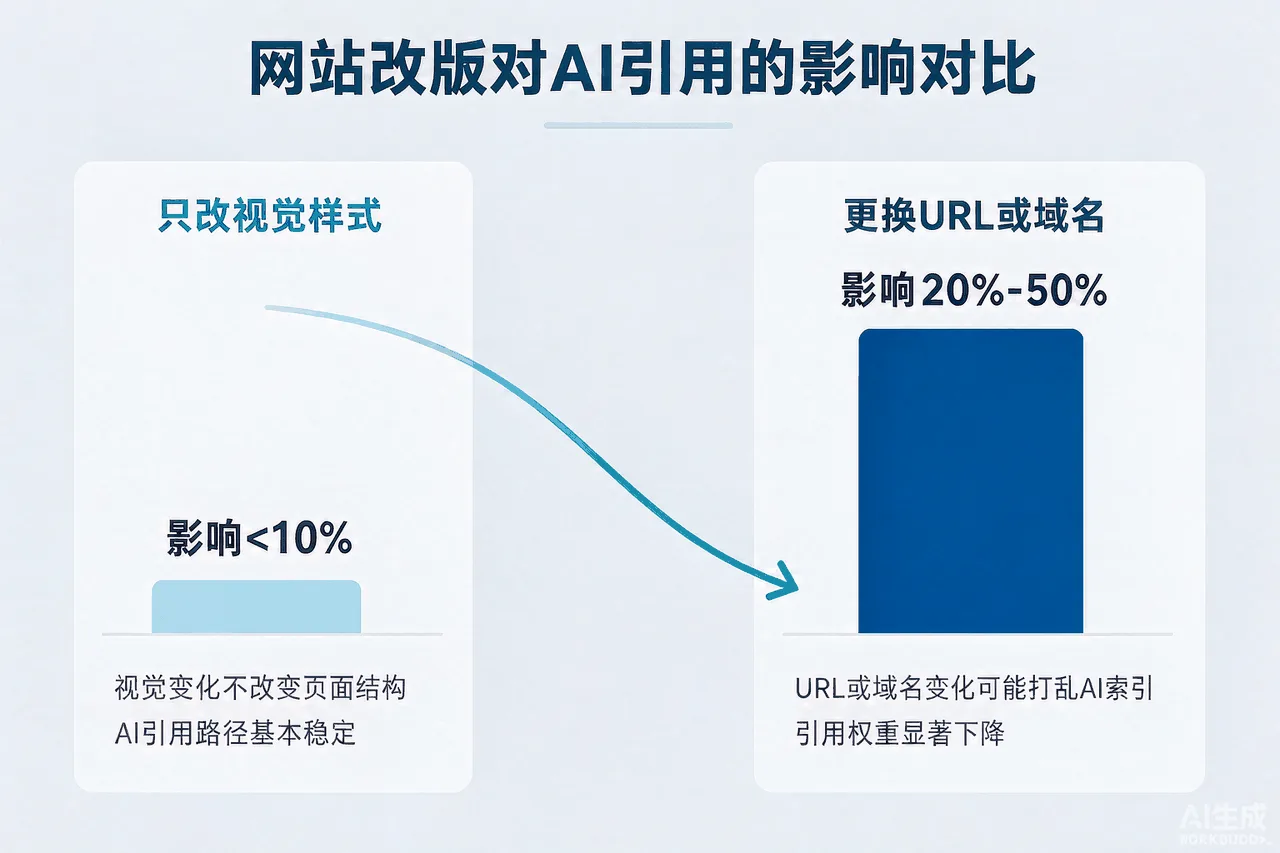 网站改版对AI引用影响示意图:只改样式影响小,改URL与结构影响大