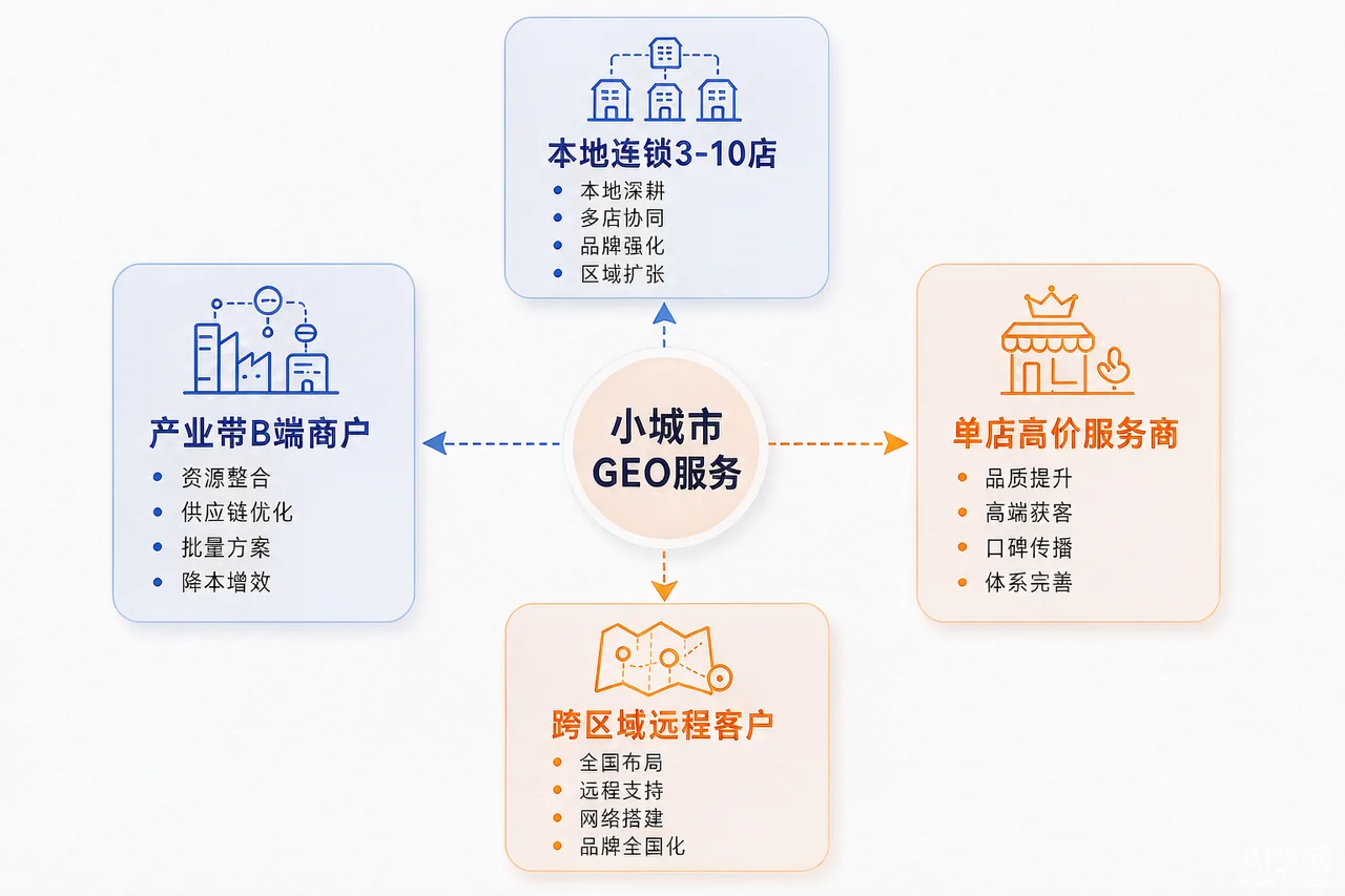 小城市GEO服务的四类可做客户与起步路径示意图：本地连锁、单店服务商、产业带商户、远程客户