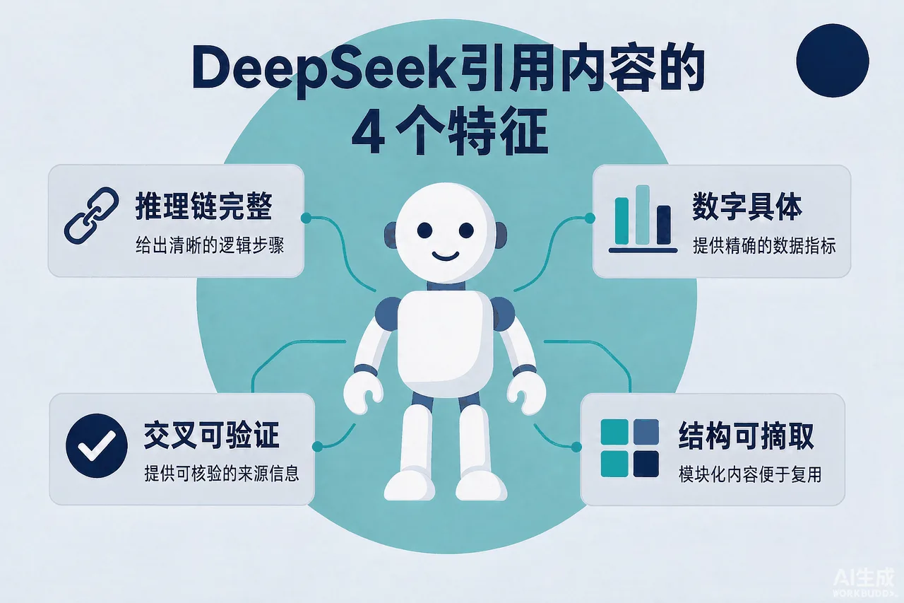 DeepSeek引用内容4特征示意图：推理链完整、数字具体、交叉可验证、结构可摘取，配适配做法标注