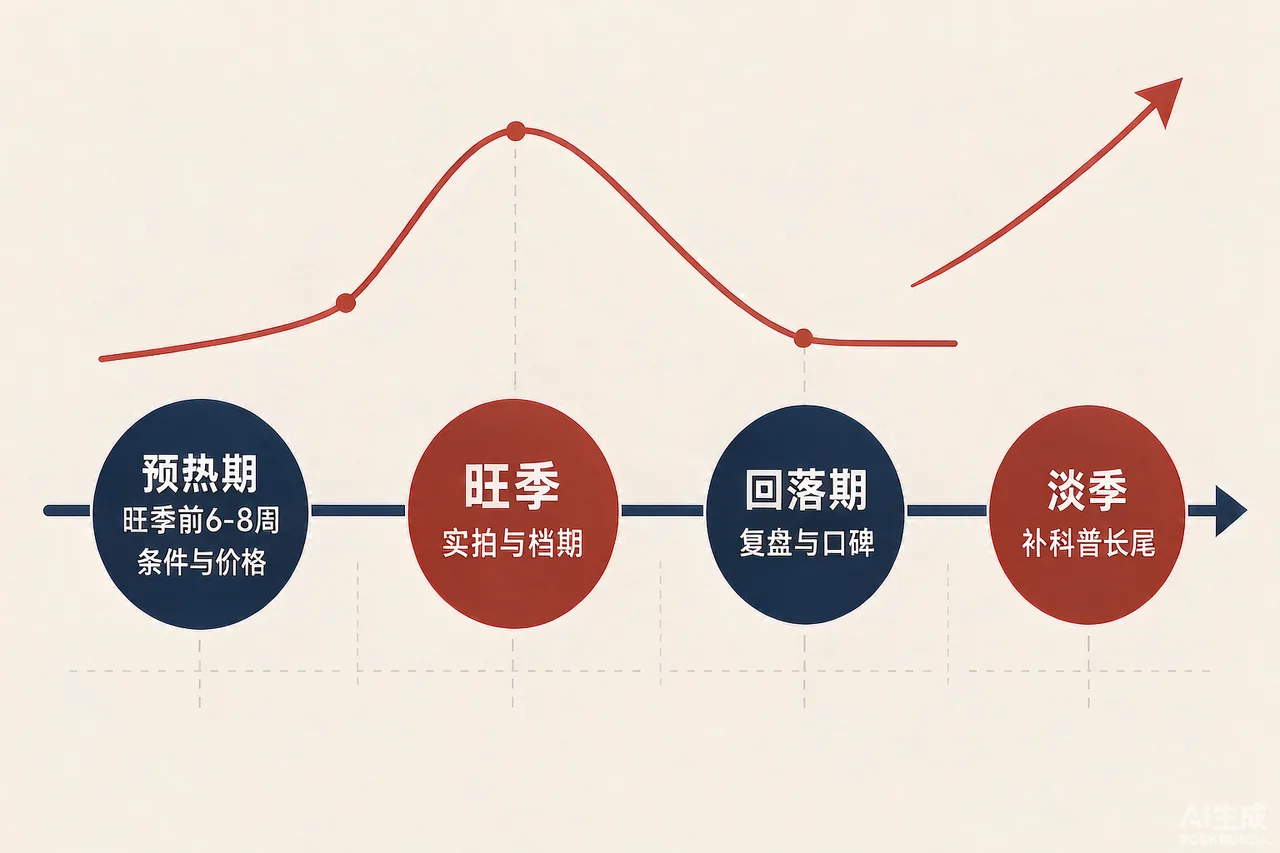 服务业GEO内容四季排期示意图：预热期、旺季、回落期、淡季各自的内容任务与上线时点