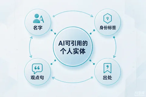 个人IP被AI引用的四要素关联示意图：名字、身份标签、观点句、出处