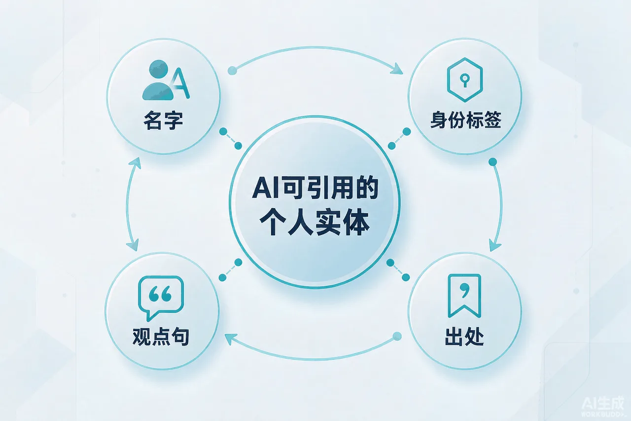 个人IP被AI引用的四要素关联示意图:名字、身份标签、观点句、出处