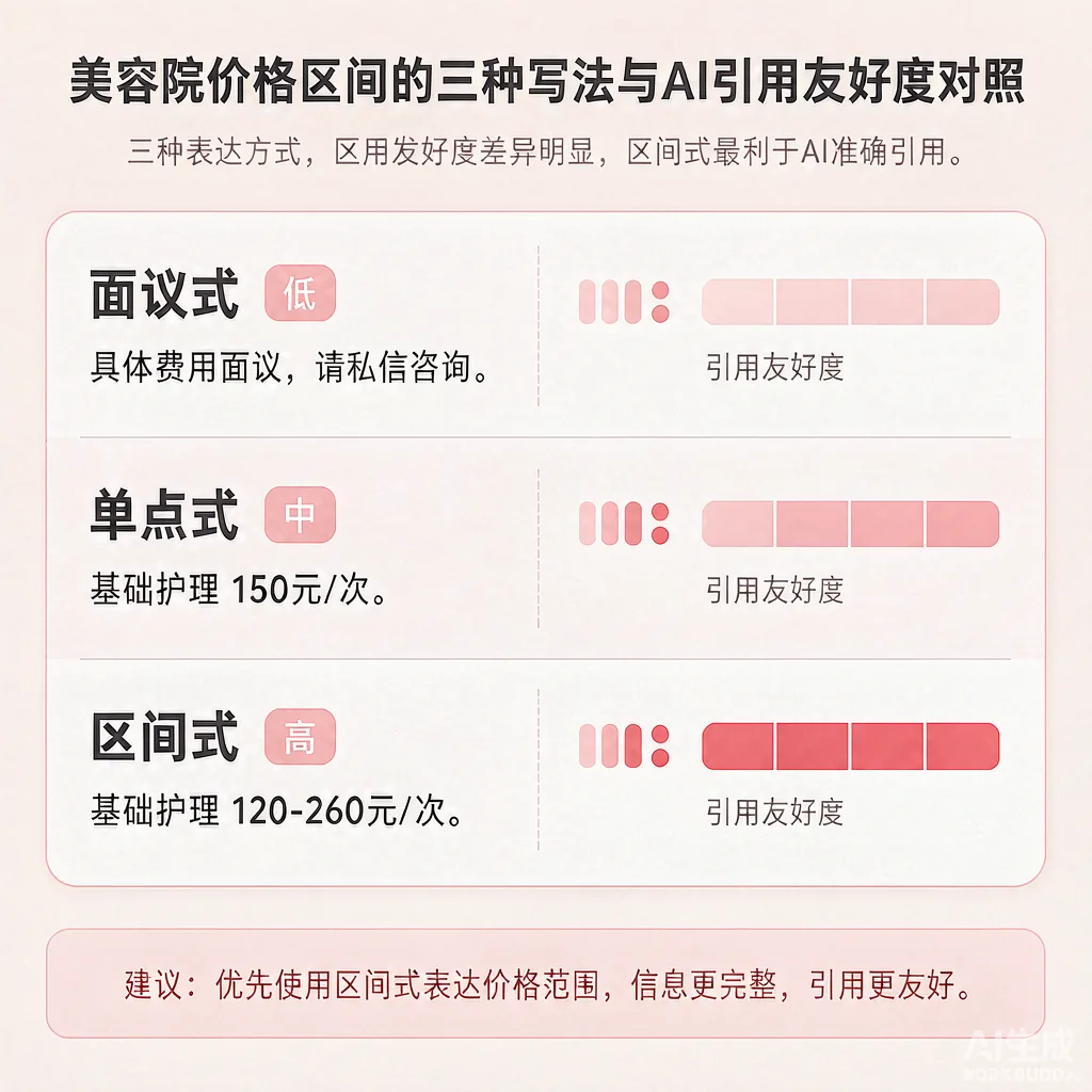 美容院价格区间的三种写法与AI引用友好度对照示意图