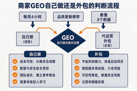 商家GEO代运营判断流程示意图：3项自测决定自己做还是外包