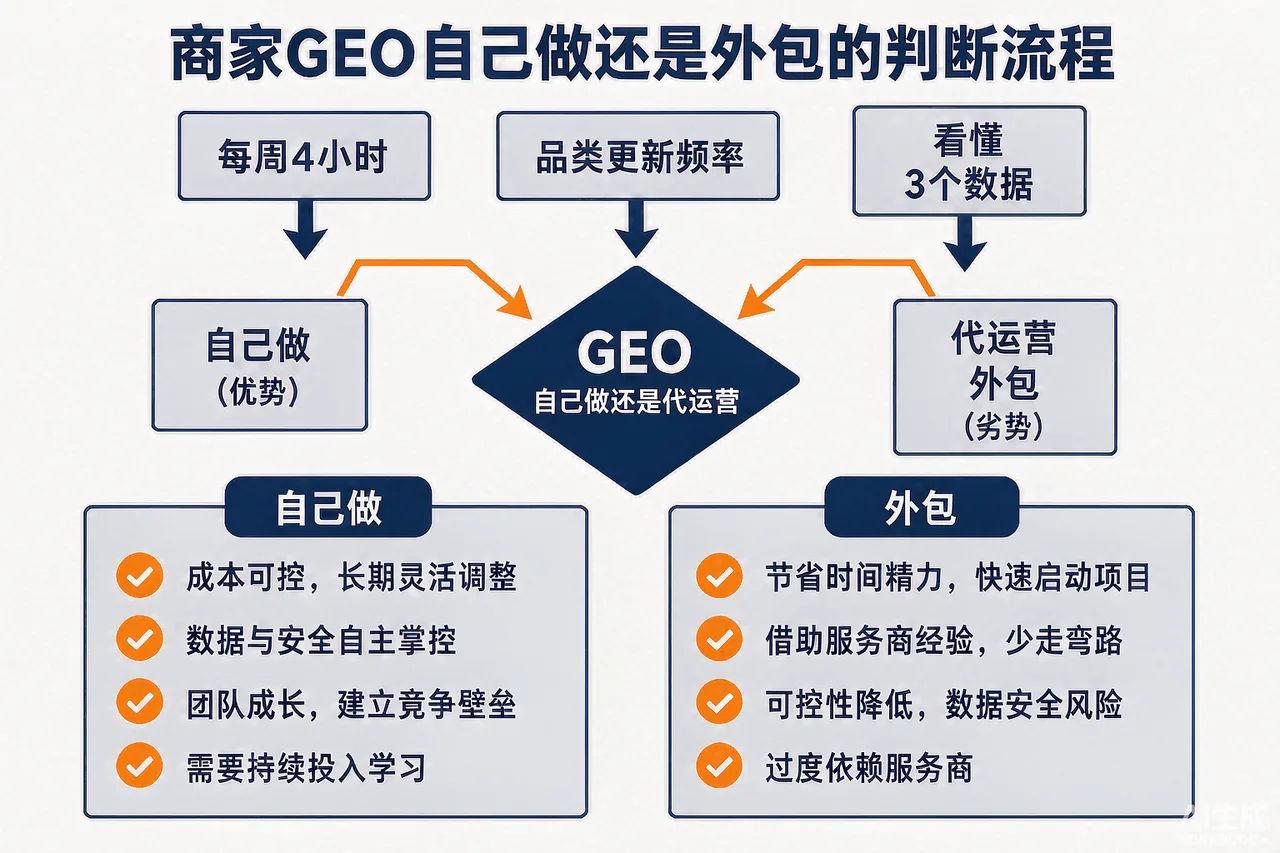 商家GEO代运营判断流程示意图:3项自测决定自己做还是外包