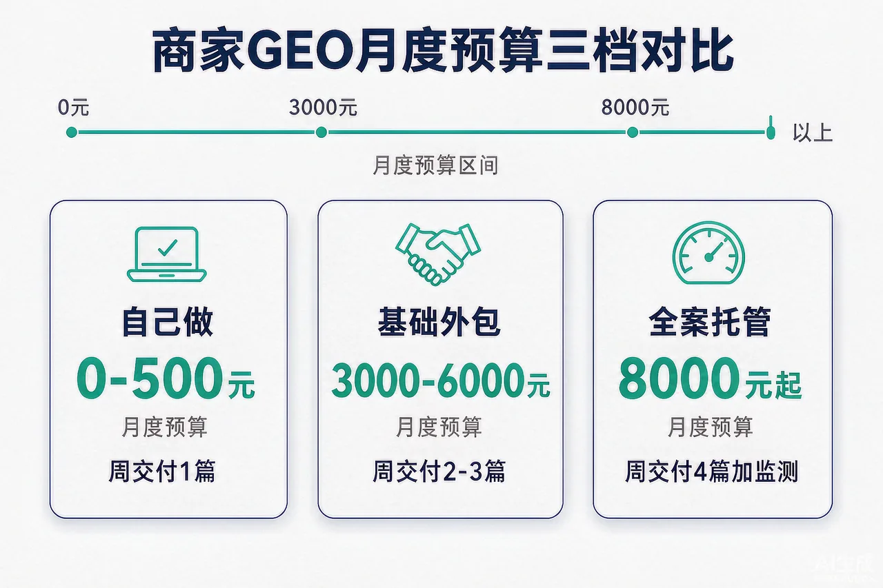 商家GEO月度预算三档区间与每周交付量对照示意图