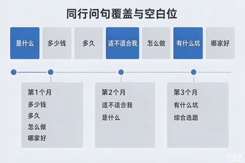 同行GEO问句覆盖与空白位识别示意图：七个问法模板与区域限定词