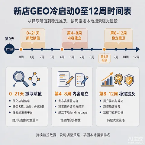 新店GEO冷启动0至12周阶段时间表与三平台信息同步示意图