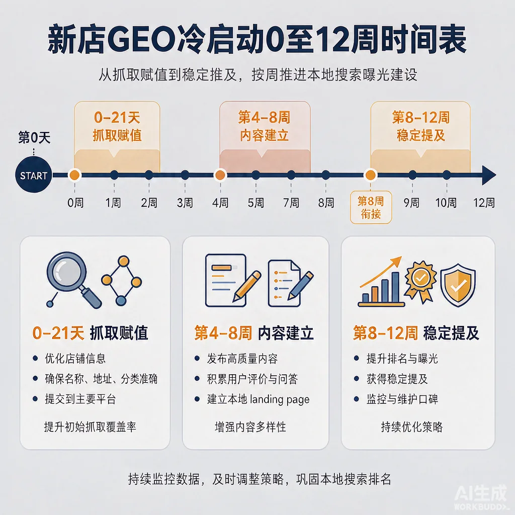 新店GEO冷启动0至12周阶段时间表与三平台信息同步示意图