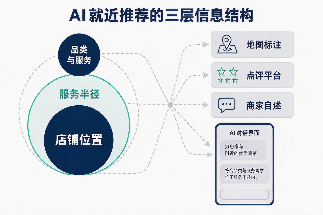 AI就近推荐机制示意图：位置、服务半径与品类信号三层结构