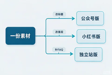 GEO内容一篇两用改写流程图：同一素材分出三个平台版本