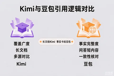 Kimi与豆包引用逻辑对比图：选源标准、内容形态、交叉验证三个维度的差异与适配建议