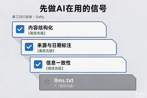 优先级排序图：llms.txt排在列表末尾打上低优先级标签，前三位是内容结构、来源标注、信息一致性