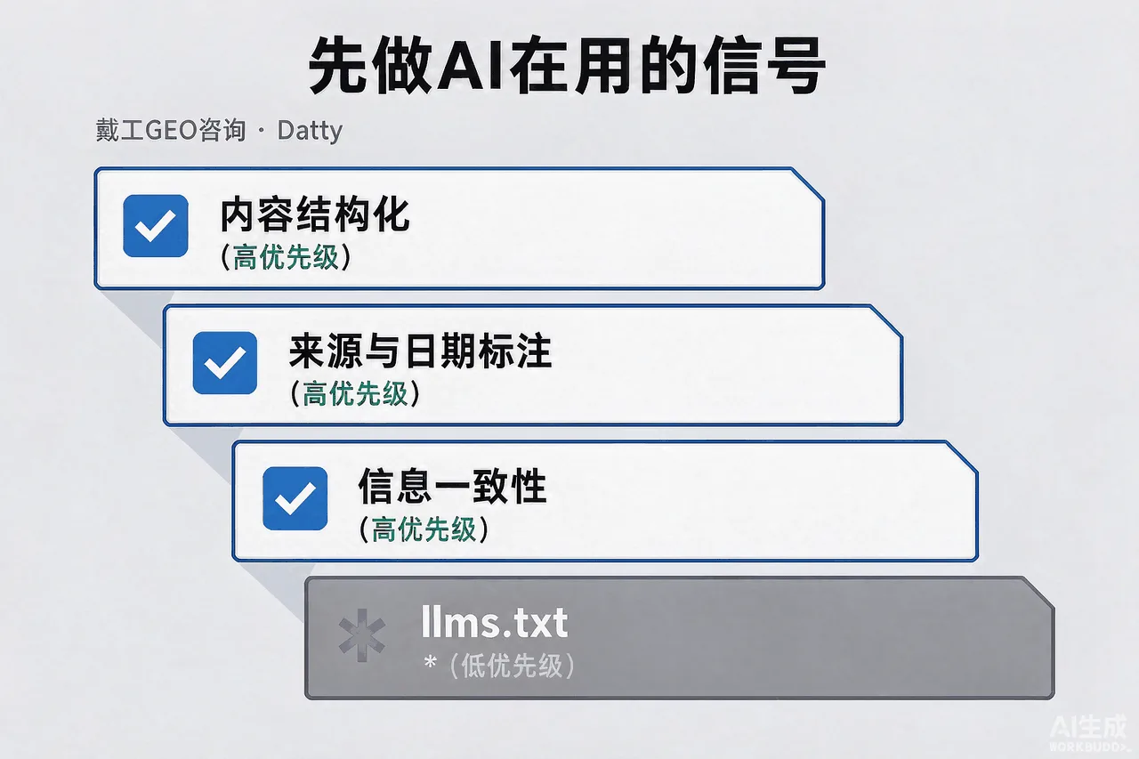 优先级排序图：llms.txt排在列表末尾打上低优先级标签，前三位是内容结构、来源标注、信息一致性
