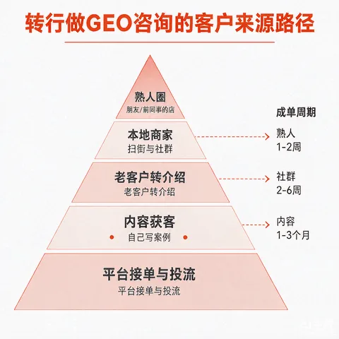 转行做GEO咨询的5条客户来源路径与信任成本排序示意图，从熟人圈到平台投流