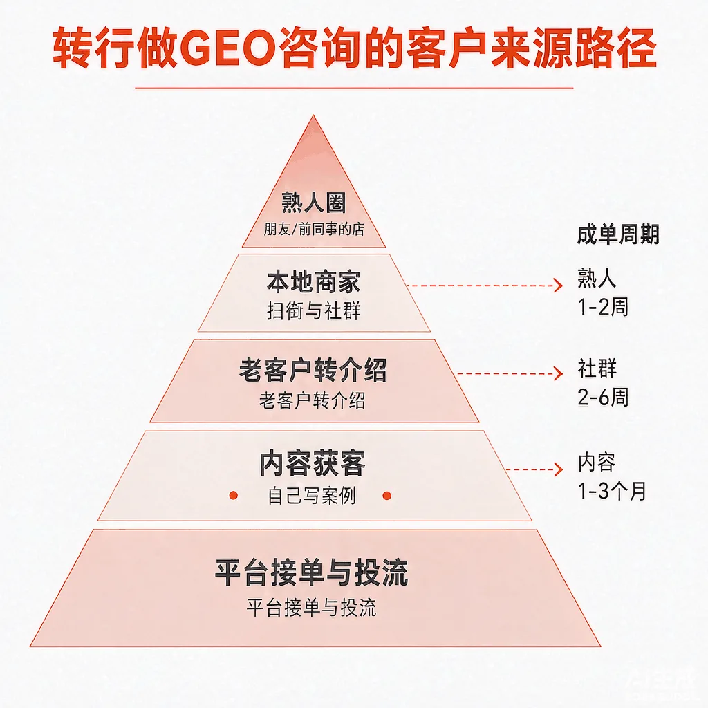 转行做GEO咨询的5条客户来源路径与信任成本排序示意图，从熟人圈到平台投流