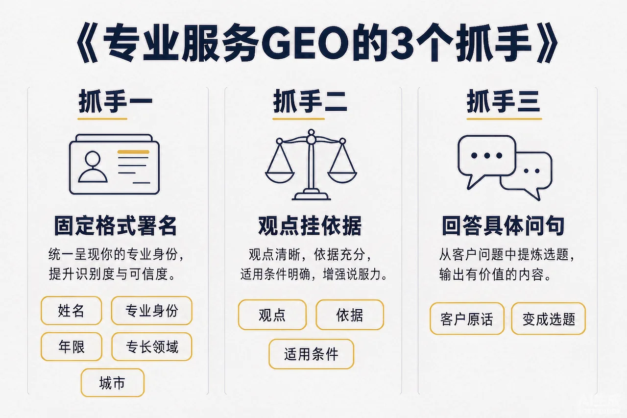 专业服务GEO的3个抓手信息图：抓手一固定格式署名（姓名+身份+年限+专长+城市）、抓手二观点挂依据（观点/依据/适用条件三件套）、抓手三回答具体问句（客户原话变选题），配对照示例