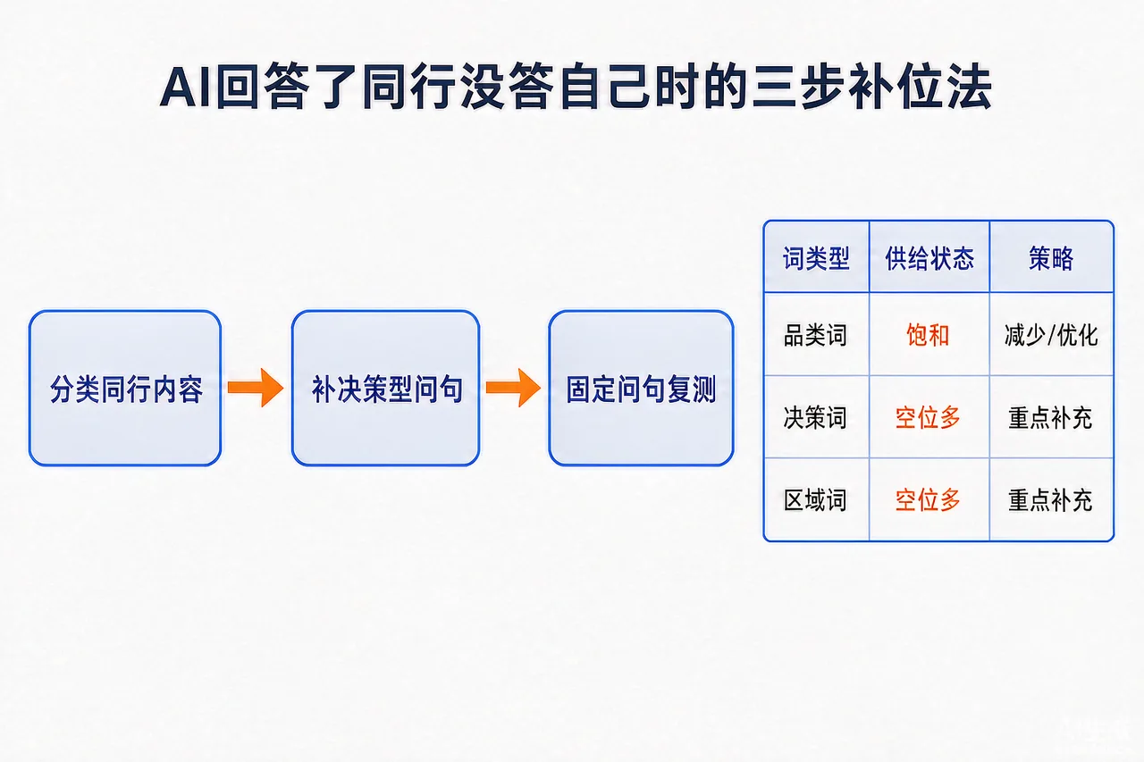 AI答了同行未答自己时的三步补位流程与问句供给密度对照示意图
