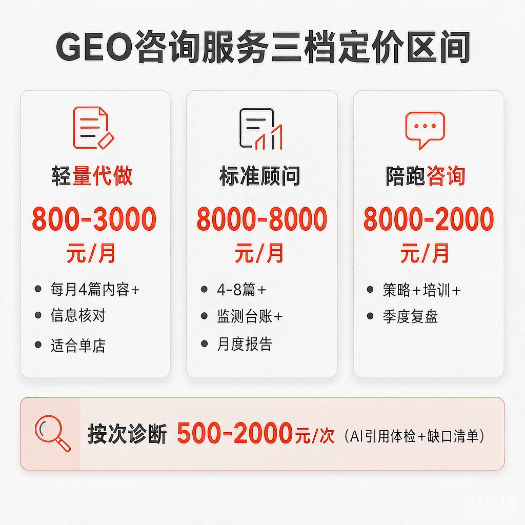GEO咨询服务三档定价区间对照图：轻量代做、标准顾问、陪跑咨询及按次诊断区间