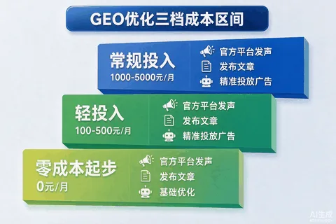 GEO优化三档成本区间对照信息图：零成本起步、轻投入100-500元、常规投入1000-5000元，含时间与现金成本标注