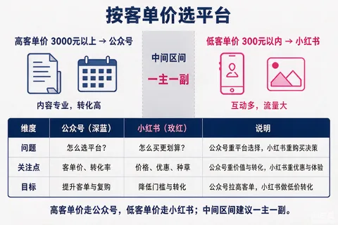 公众号与小红书按客单价选择的内容分工对照示意图
