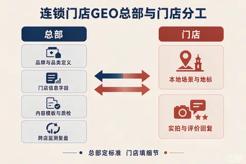 连锁门店GEO总分分工图：总部负责品牌定义、信息字段、内容模板与跨店监测，门店负责本地场景、实拍与评价回复