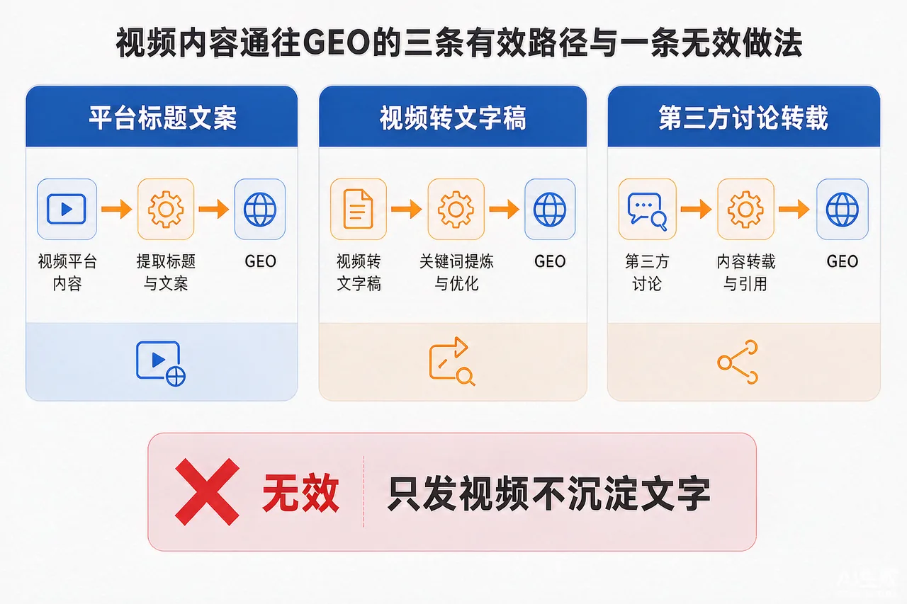 视频内容对GEO的三条有效路径与一条无效做法示意图：平台文案、文字稿沉淀、第三方讨论
