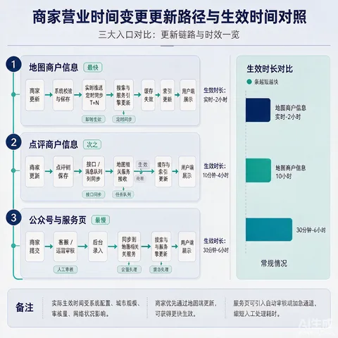 商家营业时间变更的三个更新路径与生效时间对照示意图