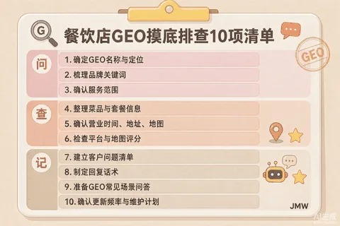 餐饮店GEO摸底排查10项清单表格图：含问句收集、AI测试、竞品占位、信息一致性等排查项与记录栏