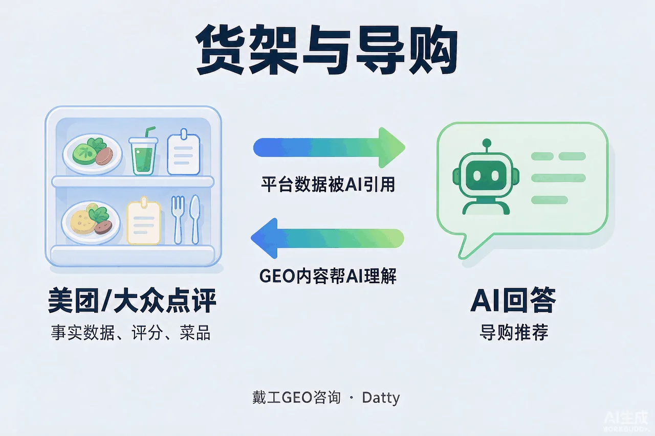 两层配合示意图：左边美团/大众点评平台图标，右边AI对话气泡，中间箭头标注"平台数据被AI引用"与"GEO内容帮AI理解"
