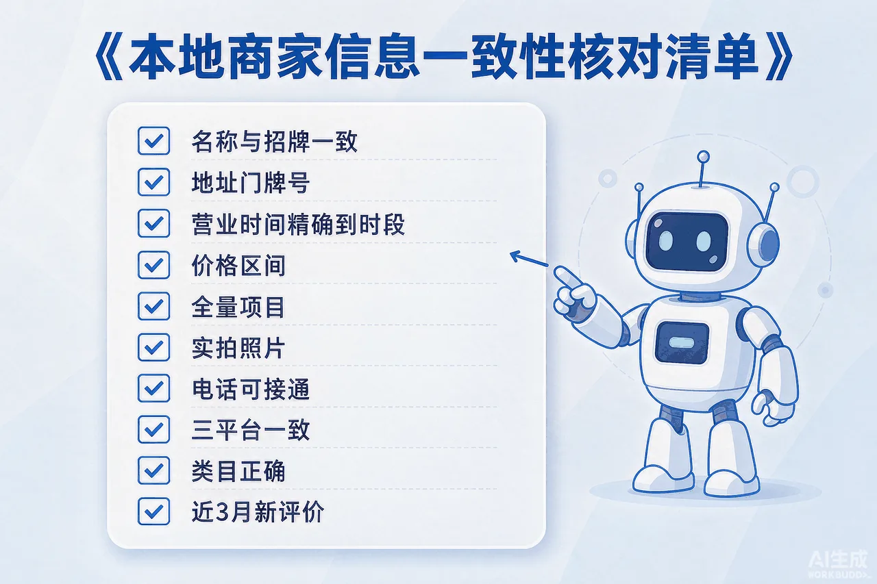 本地商家信息一致性核对清单信息图：10项核对内容（名称与招牌一致/地址门牌号/营业时间/价格区间/全量项目/实拍照片/电话可接通/三平台一致/类目正确/近3月新评价），按优先级排列
