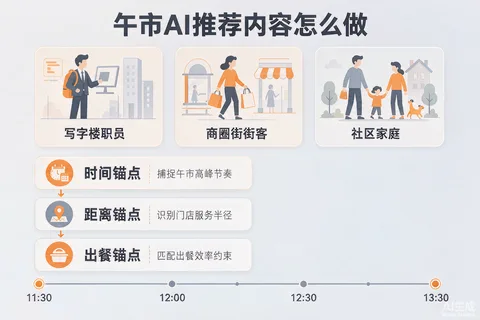 花都广场商圈餐饮午市AI推荐内容的3类问句与三段式写法示意图