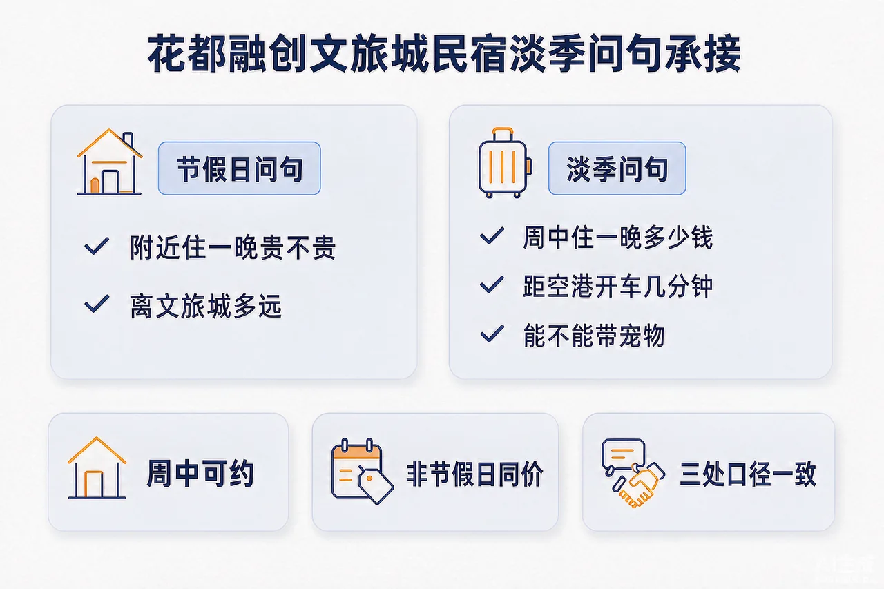 花都融创文旅城周边民宿淡季问句类型与内容承接要点示意图