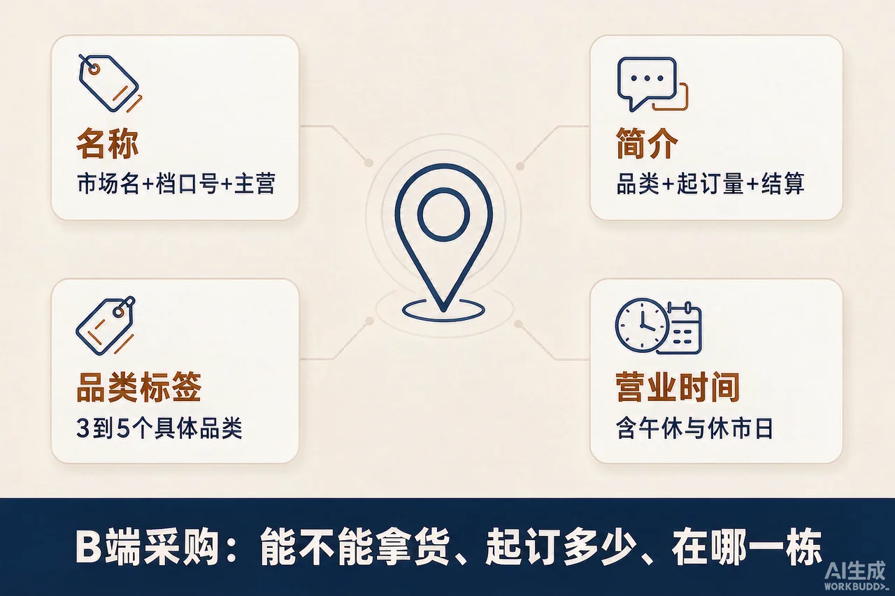 狮岭档口地图标注四字段写法示意图：名称、简介、品类标签、营业时间如何组合成B端可核验信息