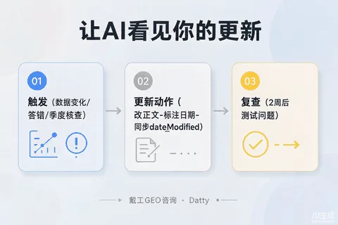 更新机制流程图：触发条件（数据变化/问答落空/季度核查）到动作（改正文-标注日期-同步dateModified）再到复查的流程