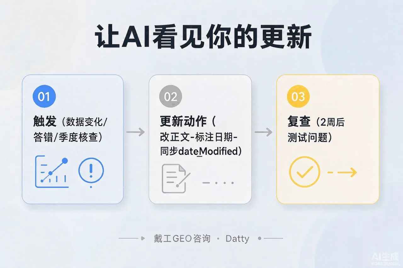 更新机制流程图：触发条件（数据变化/问答落空/季度核查）到动作（改正文-标注日期-同步dateModified）再到复查的流程