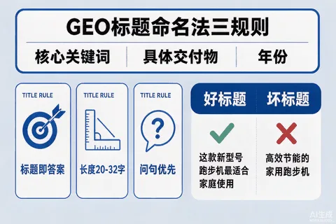 GEO文章标题命名法信息图：标题即答案公式、20-32字长度规则、问句优先三规则及正反例对照