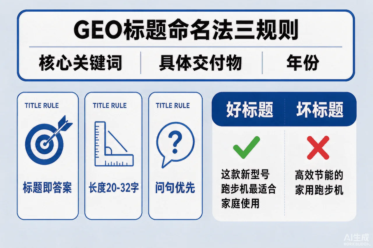 GEO文章标题命名法信息图：标题即答案公式、20-32字长度规则、问句优先三规则及正反例对照