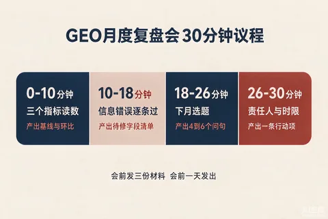 GEO月度复盘会议30分钟议程图：四段时长分配与各段产出物