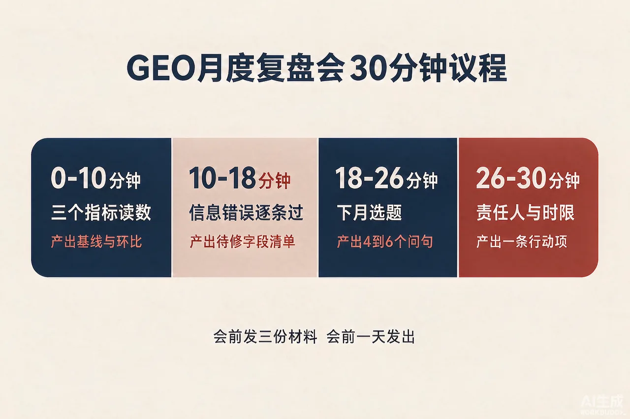 GEO月度复盘会议30分钟议程图：四段时长分配与各段产出物