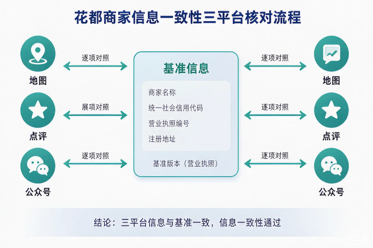 花都商家信息一致性三平台核对流程示意图：地图、点评、公众号逐项对齐